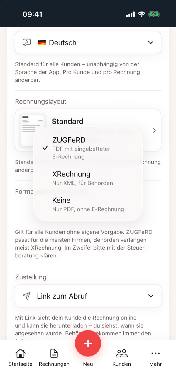 Einstellungen einer Rechnung: Auswahl zwischen ZUGFeRD, XRechnung und keiner E-Rechnung