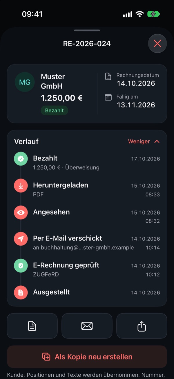 Verlauf der Rechnung RE-2026-024: ausgestellt, E-Rechnung geprüft, per E-Mail verschickt, angesehen, heruntergeladen und bezahlt – jeweils mit Datum und Uhrzeit