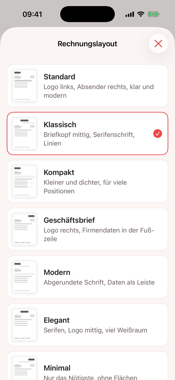Auswahl der Rechnungslayouts: Standard, Klassisch, Kompakt, Geschäftsbrief, Modern, Elegant und weitere